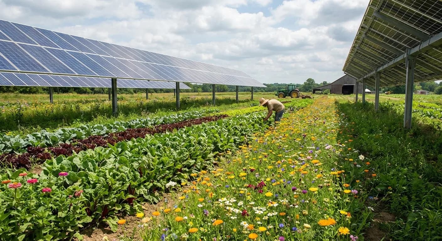 Solar panels with flowering crops growing underneath
